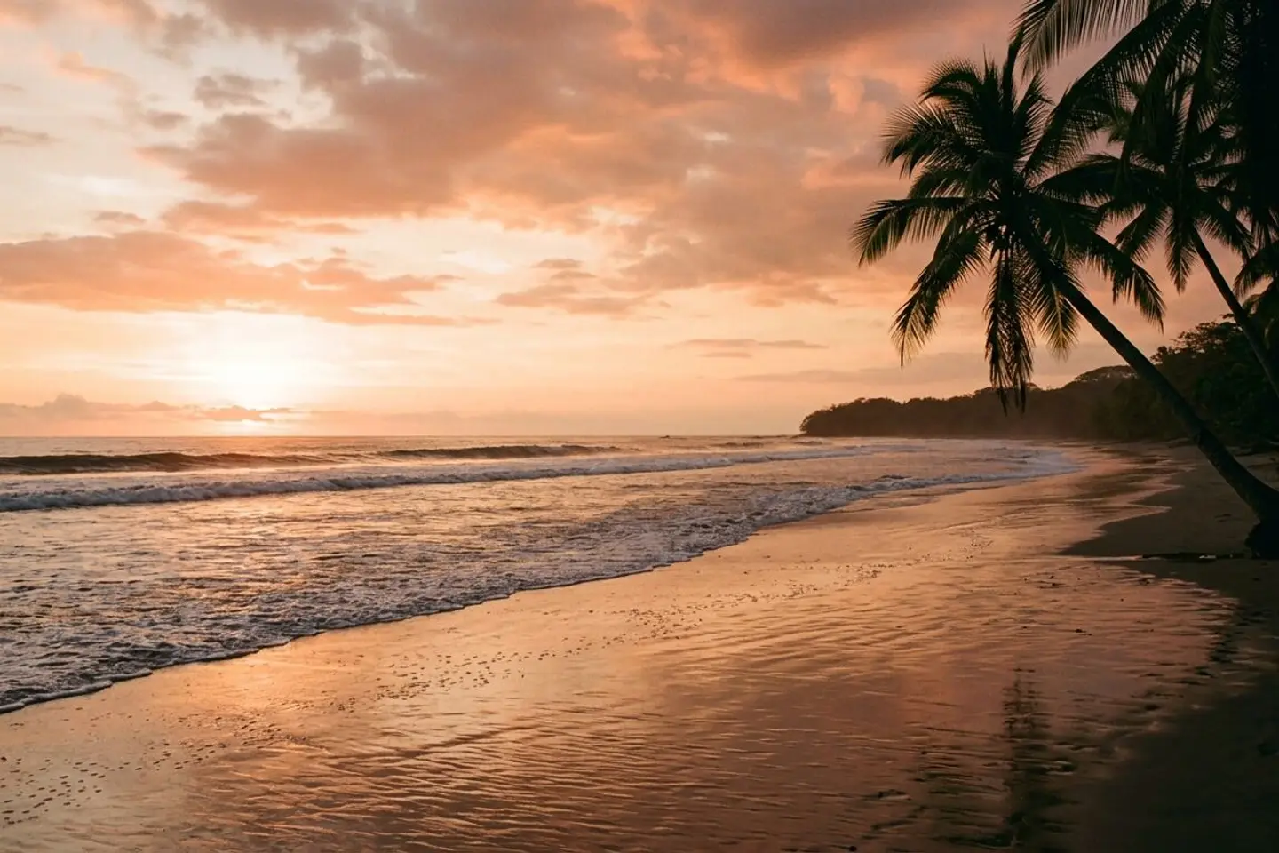 Santa Teresa beach at sunset with wet sand reflecting a coral sky