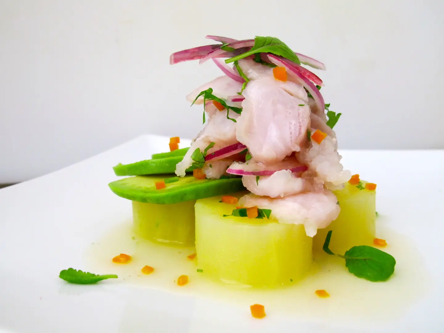 Ceviche of white fish with avocado, melon, shaved red onion, mint and chilli