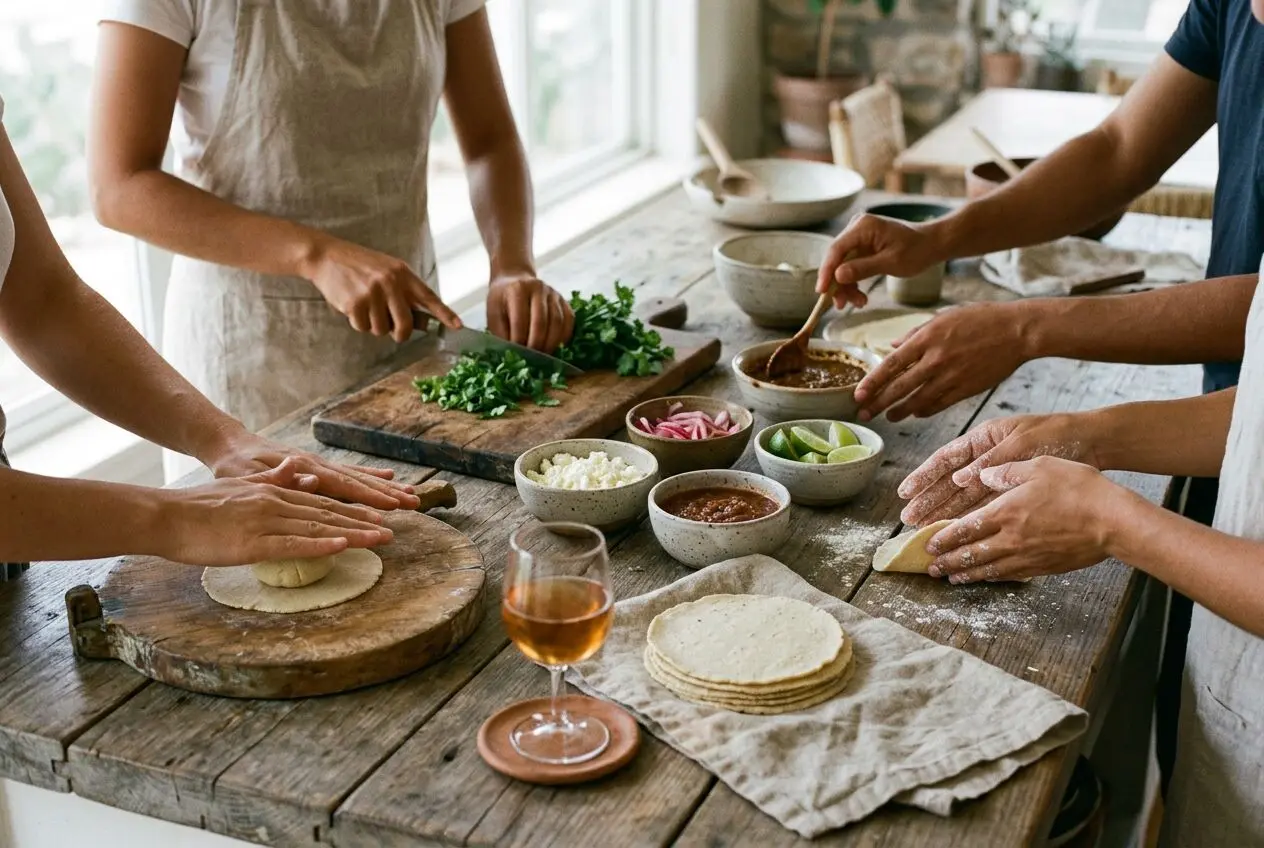 Guests working side by side at a wooden counter during a private cooking class in Santa Teresa