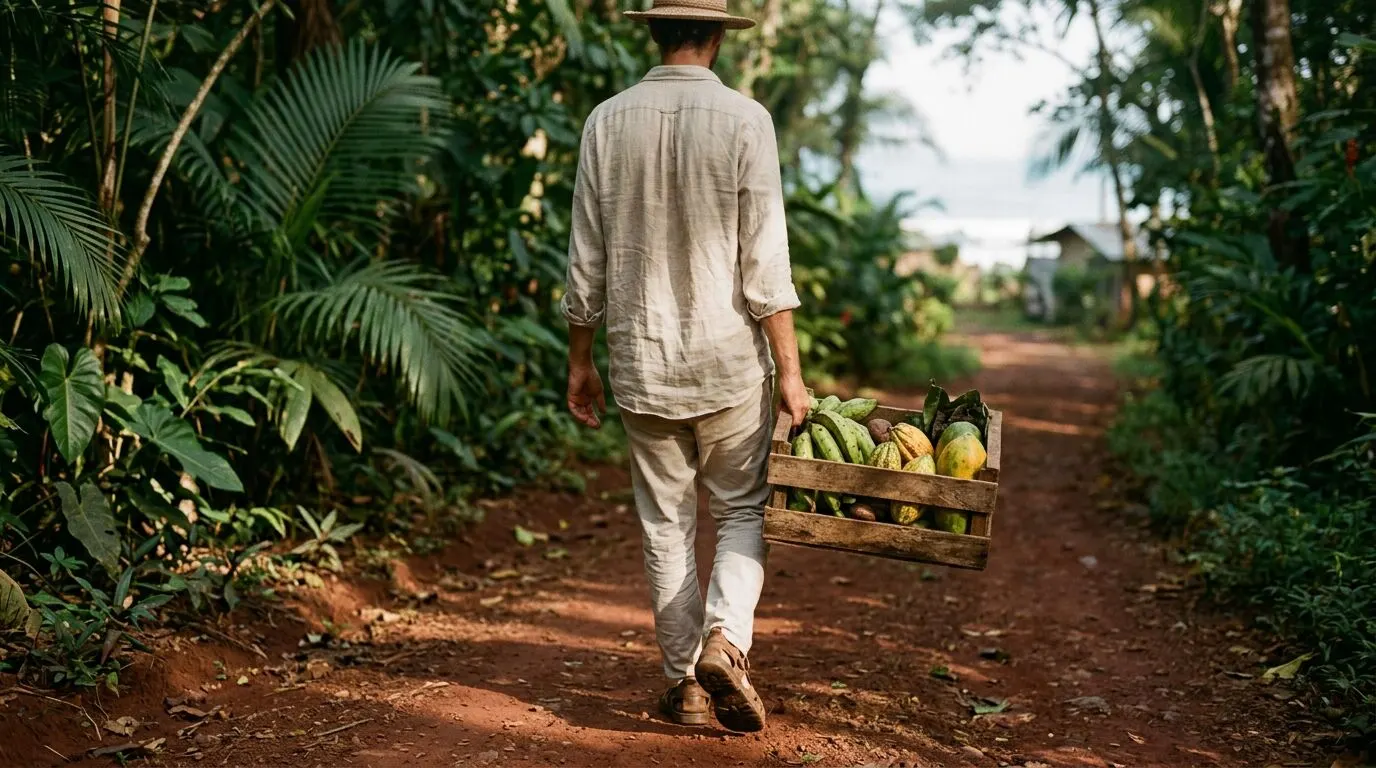 Walking a jungle road near Santa Teresa carrying a crate of produce