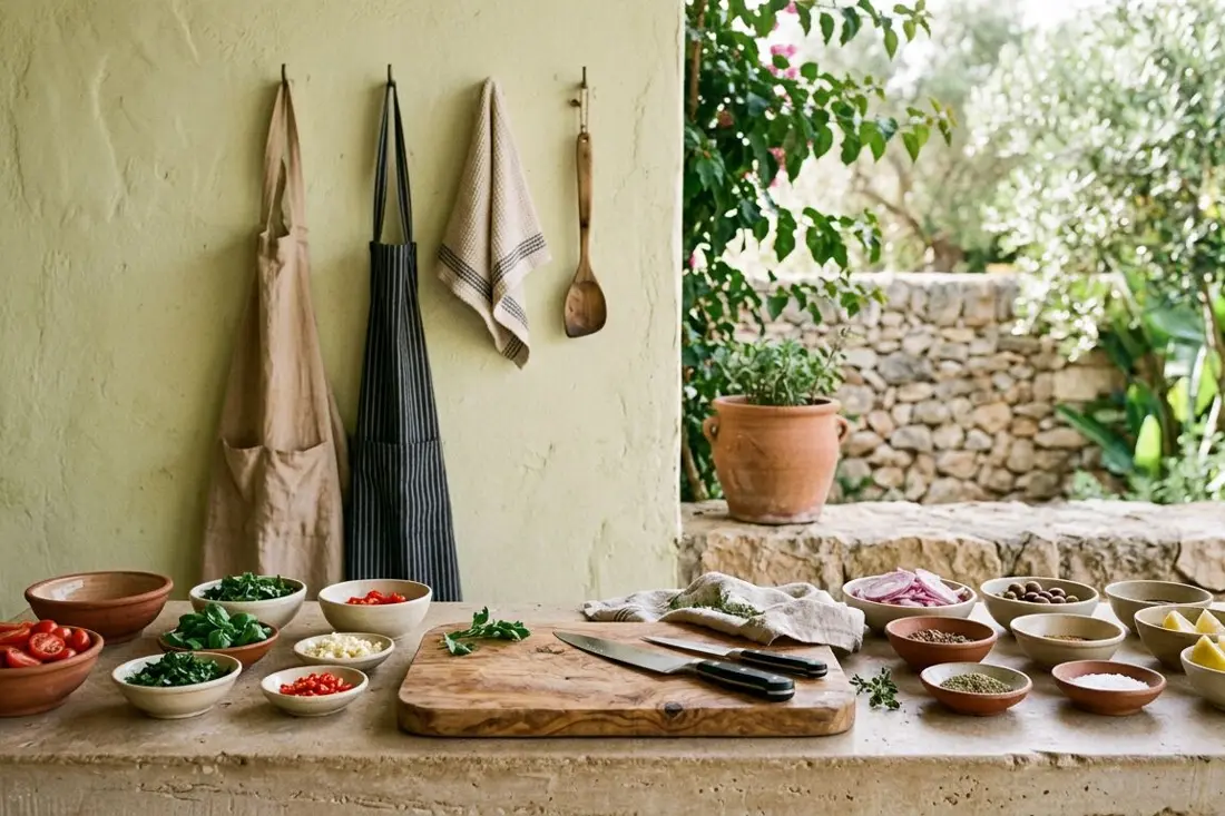 Outdoor kitchen counter lined with prepared ingredients before a private cooking class