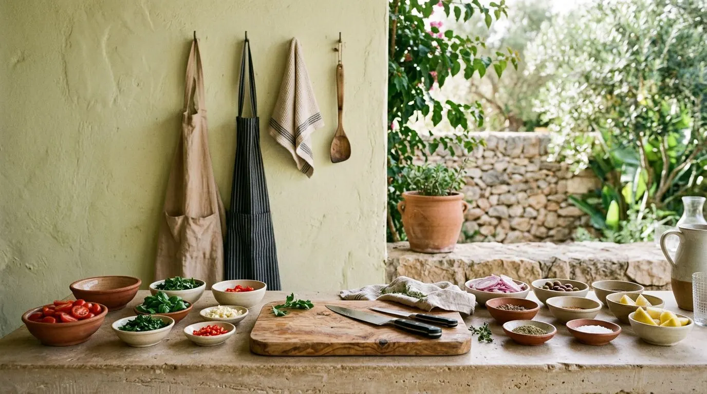 Outdoor kitchen counter lined with prepared ingredients before a private cooking class