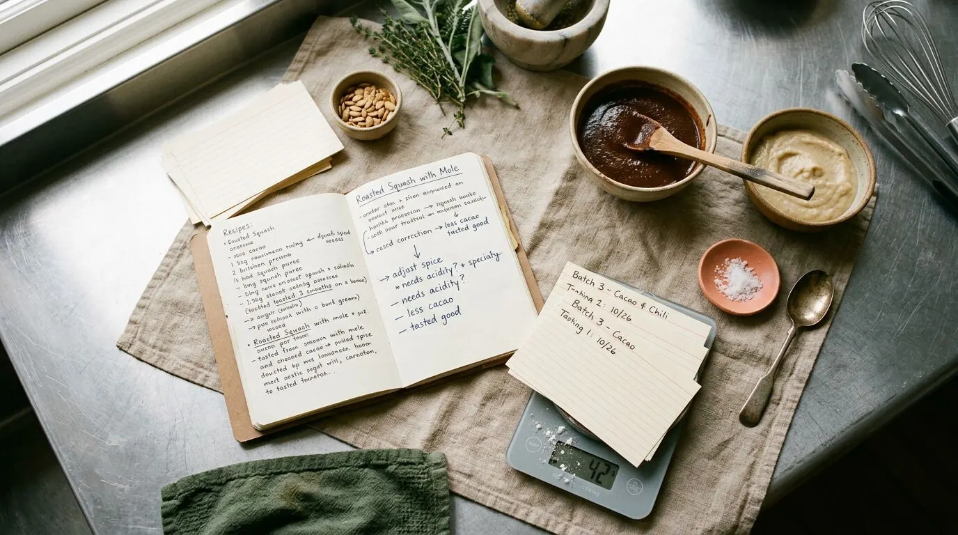 Recipe development in progress on a kitchen pass with notes, scale and tasting spoons