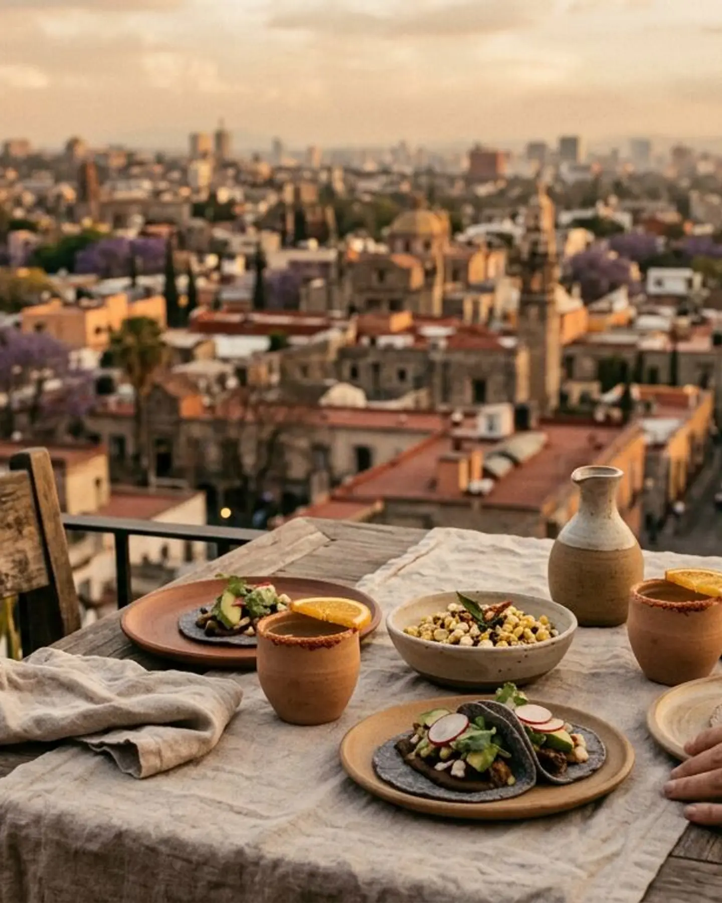 Rooftop table in Mexico City at dusk during a private culinary journey