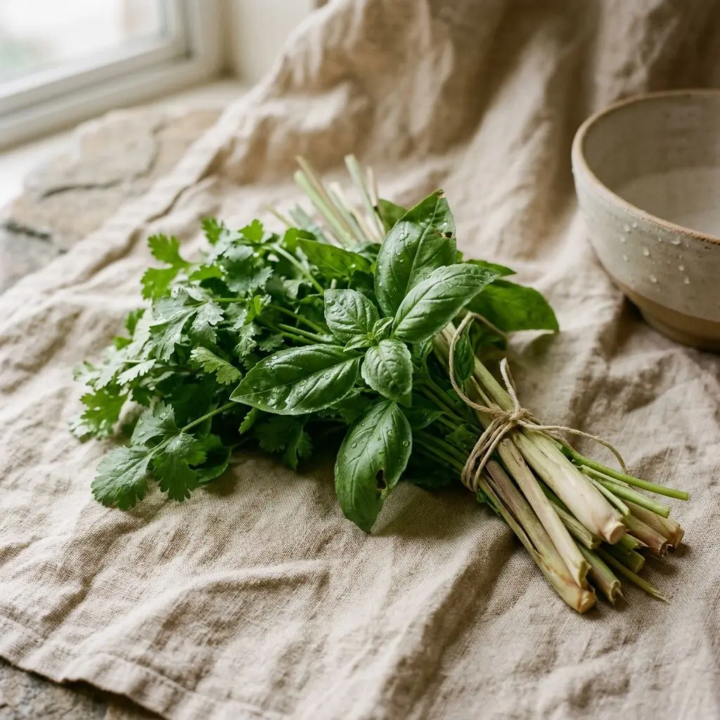 Bundle of cilantro, basil and lemongrass on natural linen