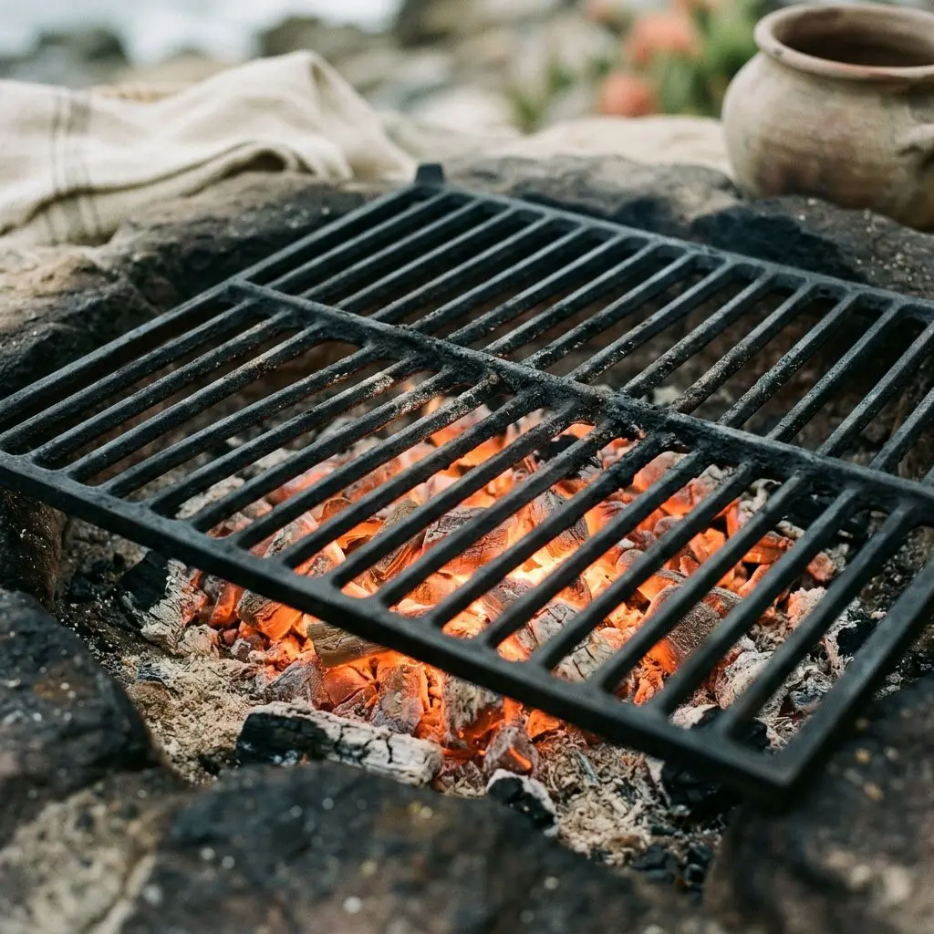 Hardwood embers glowing beneath a cast-iron grill grate