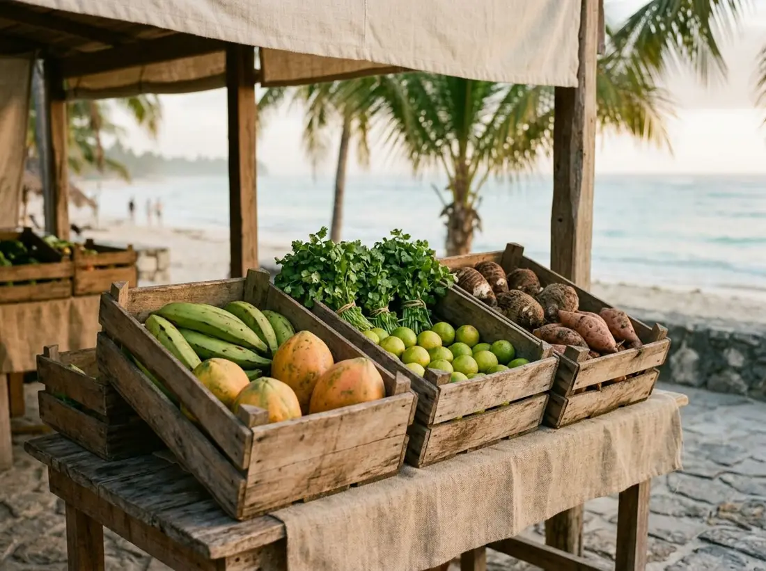 Crates of local Costa Rican produce at a coastal market in early morning light