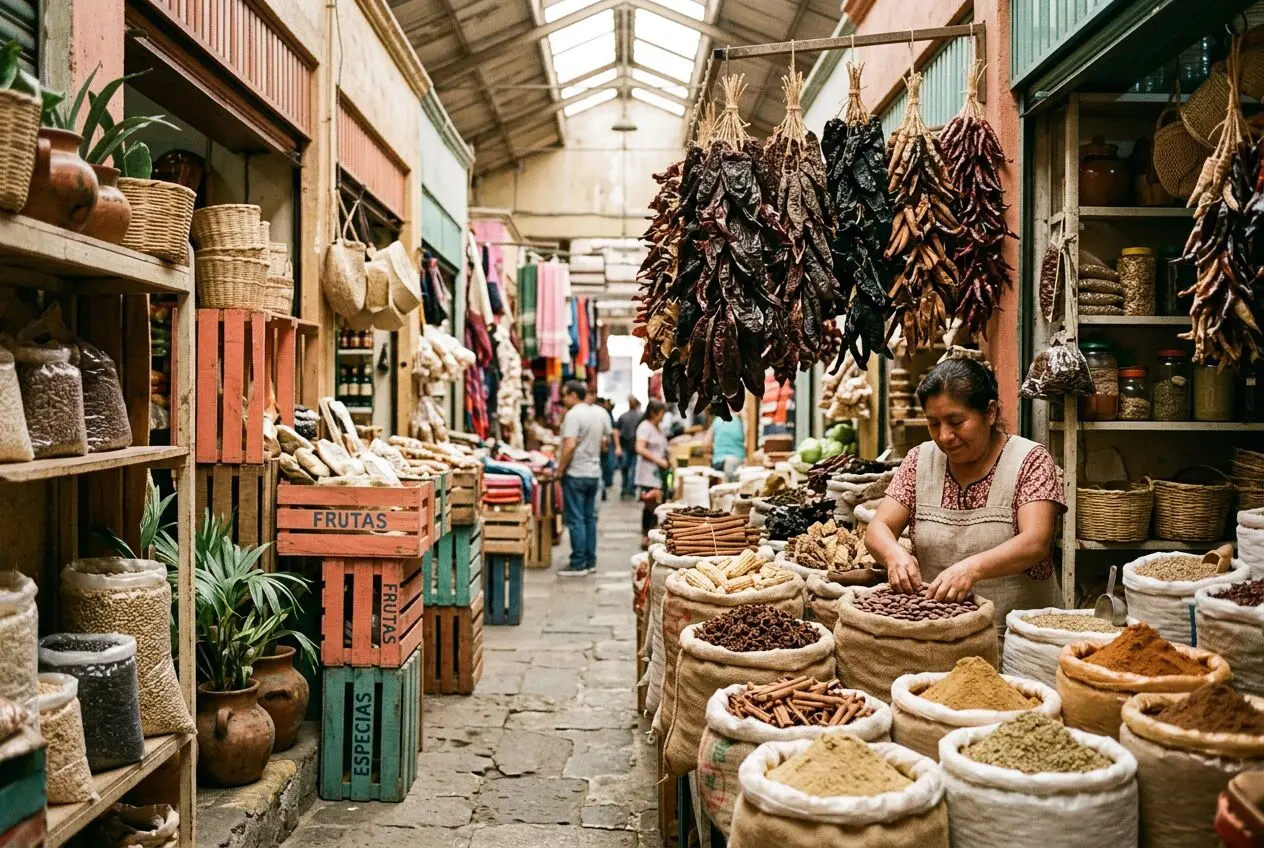 Dried chillies, cacao and spices in a Mexico City market hall