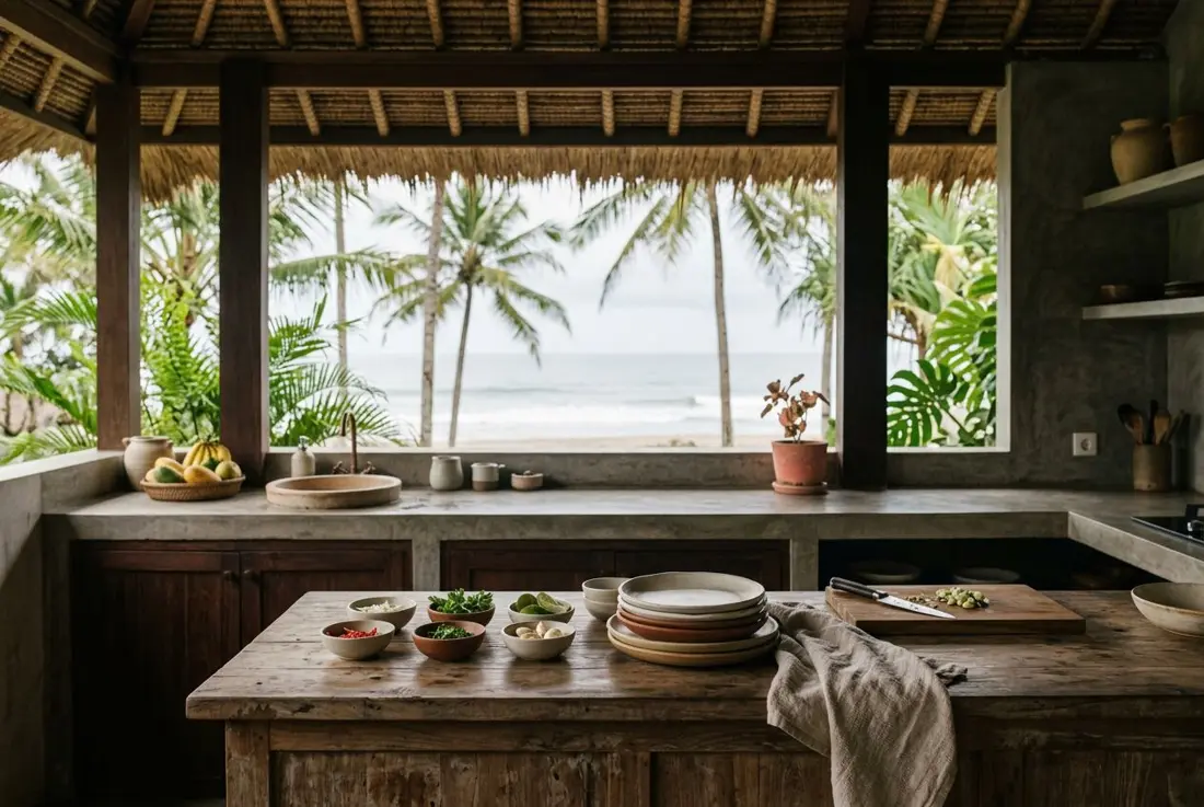 Open-air villa kitchen with teak counters and an ocean view, Santa Teresa