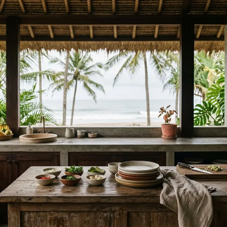 Open-air villa kitchen with teak counters and an ocean view, Santa Teresa